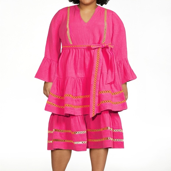 Scoop pink orange 3/4 Sleeve Lace Detail Tiered Mini Dress XL - Picture 1 of 8